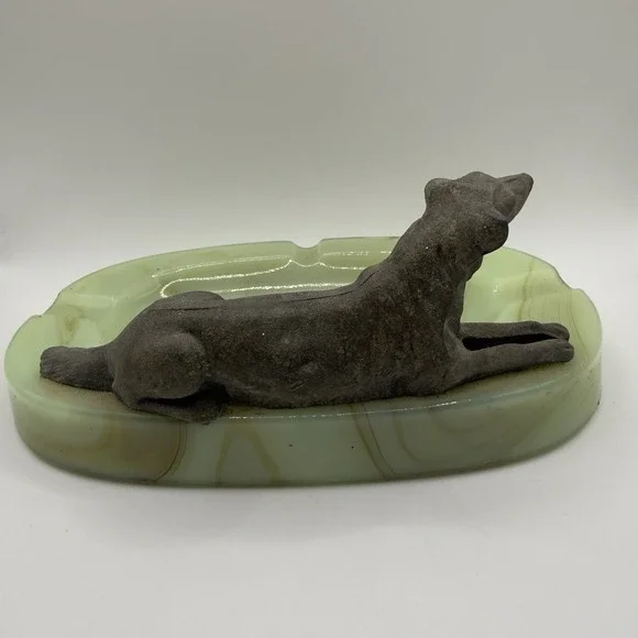 Art Deco Green Slag Uranium Glass Ashtray with Metal Borzoi Dog - 1920s Vintage - Picture 5 of 8
